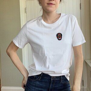 White Tee with Colorful Skull Patch